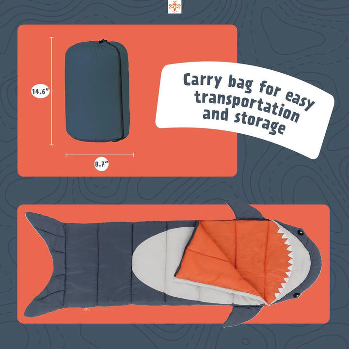 Finn the Shark Kid'S Sleeping Bag - Navy/Gray (Youth Size 65 In. X 24 In.)