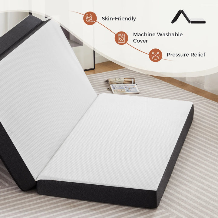 Folding Mattress, 4 Inch Tri-Fold Memory Foam Mattress Topper for Camping, Foldable Mattress Topper with Washable Cover, Queen Size, White, Perfect for Guests or Travelers