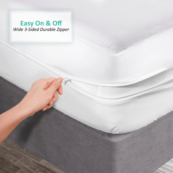 Waterproof Mattress Protector, Premium Mattress Pad Queen, Zippered Mattress Cover Fits Mattresses up to 21 Inches