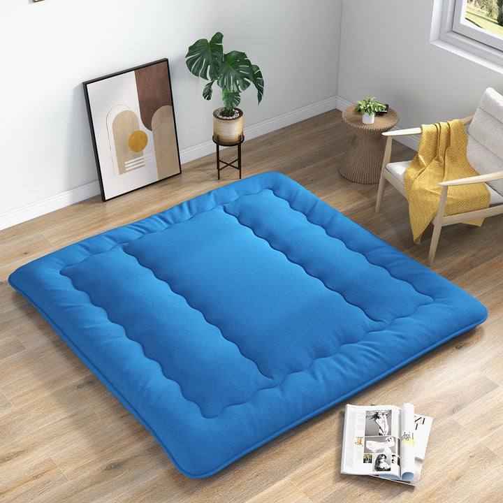 King Futon Mattress Japanese Floor Sleeping Pad Washable Cover Carry Bag Blue