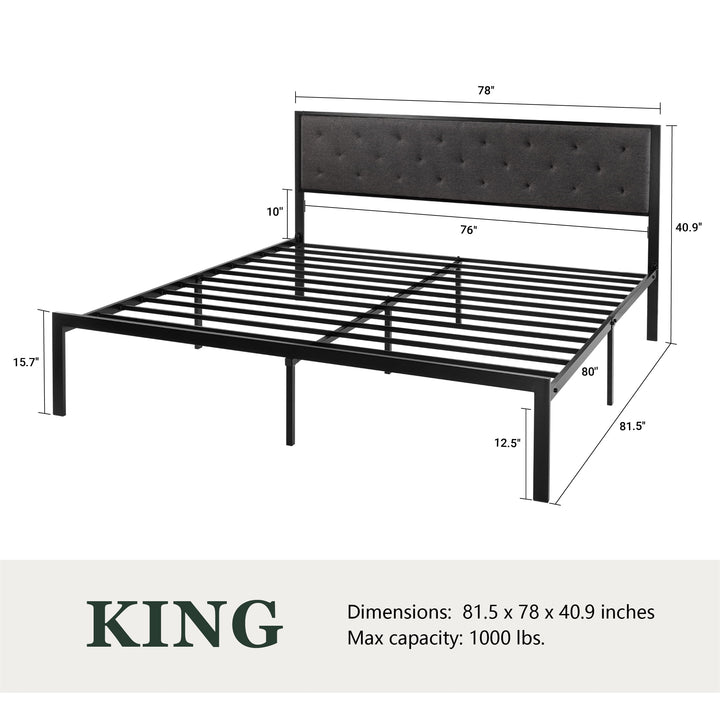 King Size Metal Bed Frame with Upholstered Headboard, Dark Grey