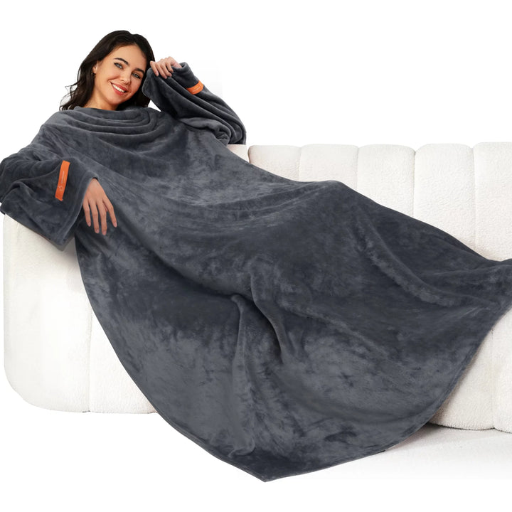 Blanket with Sleeves, Gift for Women Men Adult, Soft and Cozy Wearable Blanket with Elastic Cuffs, Hook and Loop Fastener (Grey 55''X79'')