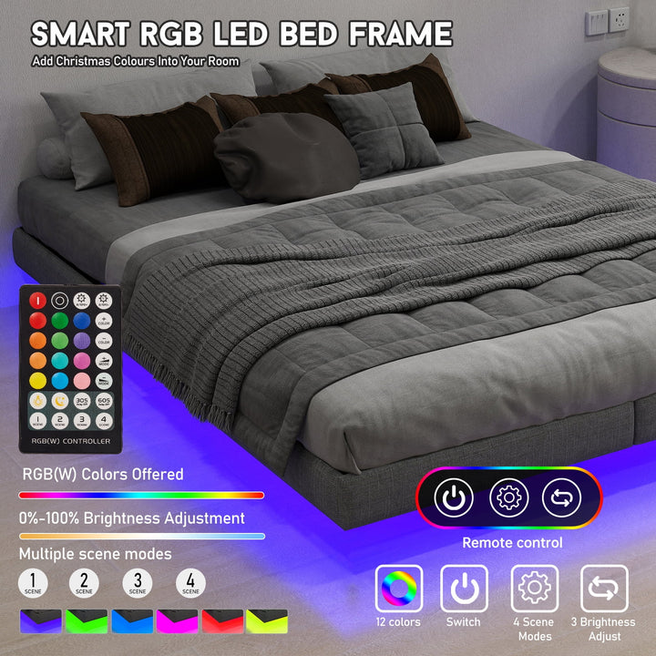 Floating Bed Frame Queen Size with LED Lights, Metal Platform Full Bed, No Headboard, No Box Spring Needed, Easy to Assemble