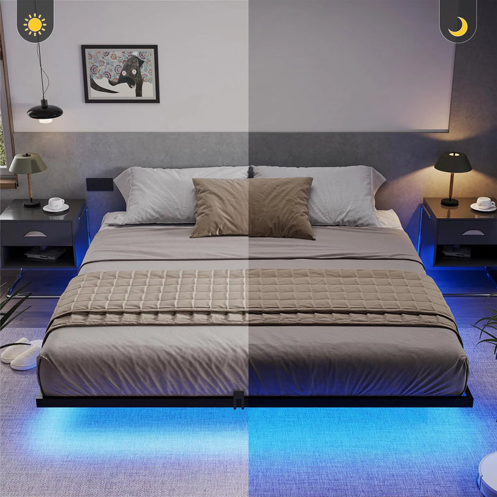 Floating Bed Frame King Size with LED Lights, Metal Platform King Bed, No Box Spring Needed, Easy to Assemble