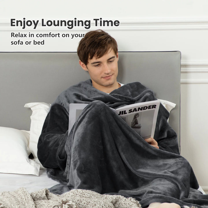 Blanket with Sleeves, Gift for Women Men Adult, Soft and Cozy Wearable Blanket with Elastic Cuffs, Hook and Loop Fastener (Grey 55''X79'')