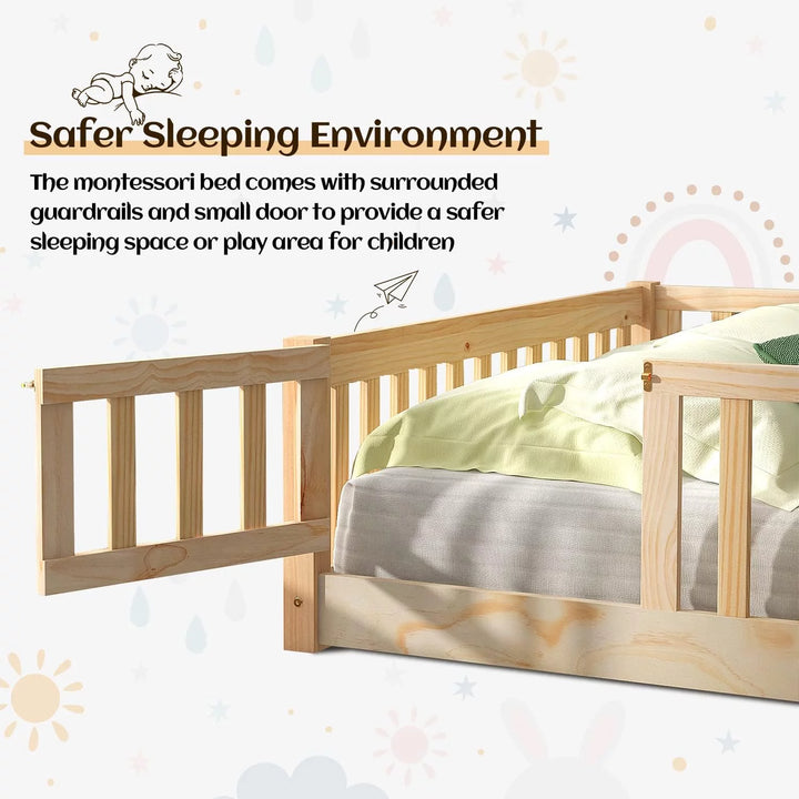 Twin Floor Bed Frame for Toddler, Montessori Floor Bed with Fence and Wood Slats, Low Wood Platform Beds for Girls Boys Kids Happy Time, Natural