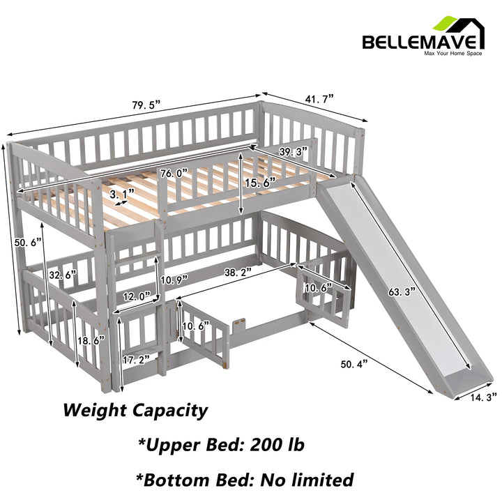 Kids Bunk Bed Twin over Twin/Toddler Bunk Beds, Twin Bunk Bed with Slide, Ldder, Door Openable Fence, Low Bunk Bed for Toddler, Kids(Gray)