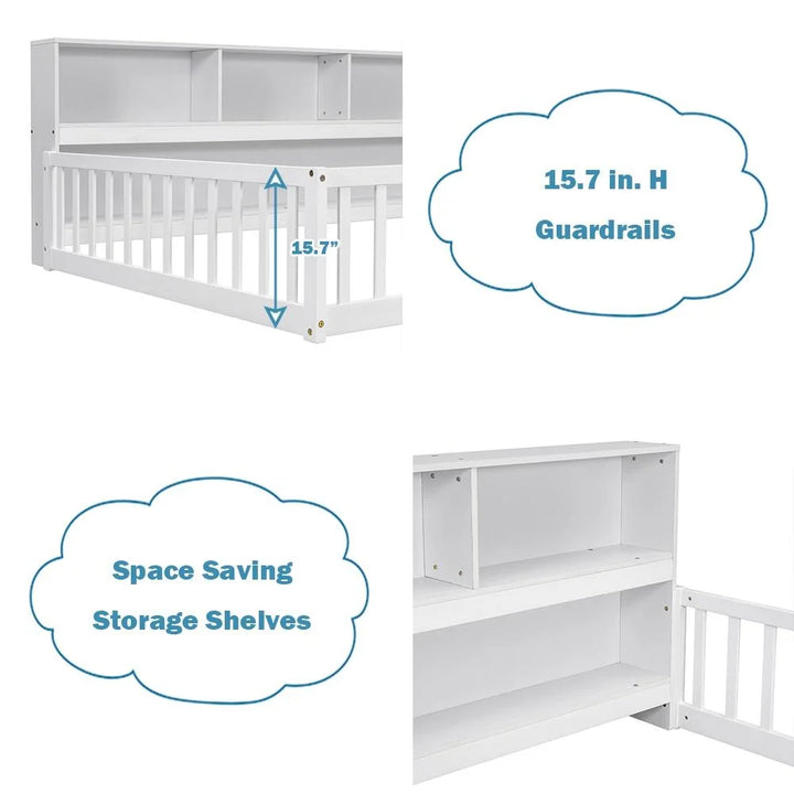 Twin Size Floor Bed Frame with Fence and Bookcase Toddler Floor Bed Low Bed with Entrance and Storage Shelves Montessori Bed Frame for Kids, Boys, Girls, No Box Spring Needed (Twin, White)