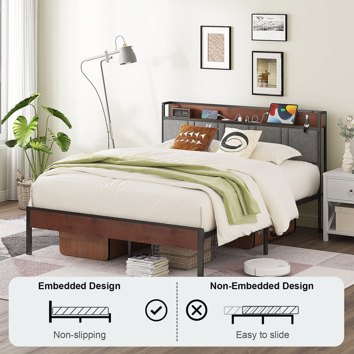 Queen Bed Frame, Platform Bed Queen Size with Storage Headboard and Charging Station, No Box Spring Needed, Gray