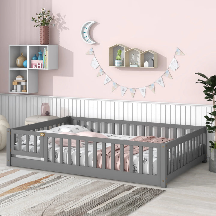 Kids Toddler Bed with Fence and Door, Full Size Platform Bed Floor Bed, Wood Bed Frame No Box Spring Needed, Gray