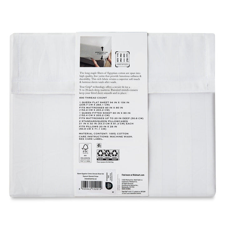 4-Piece 600 Thread Count White Stripe Egyptian Cotton Bed Sheet Set, Queen - Deep Pocket