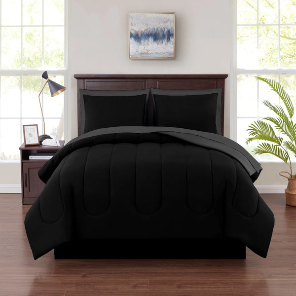 Black Reversible 7-Piece Bed in a Bag Comforter Set with Sheets, King