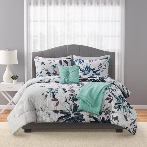 5-Piece Blue Floral Comforter Set, Full/Queen