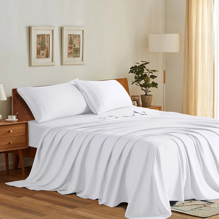 Bed Sheets Set, 1800 Series Microfiber Deep Pocket 4 Pieces Luxury Soft Sheet Set, Queen, White