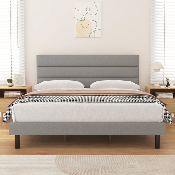 Full Bed Frame,  Full Size Platform Bed with Wingback Fabric Upholstered Headboard, Light Gray