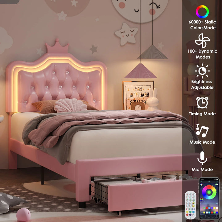 Twin Size LED Bed Frame with Storage Drawer, PU Leather Crown Platform Bed with Crystal Tufted Upholstered Adjustable Headboard, Pink