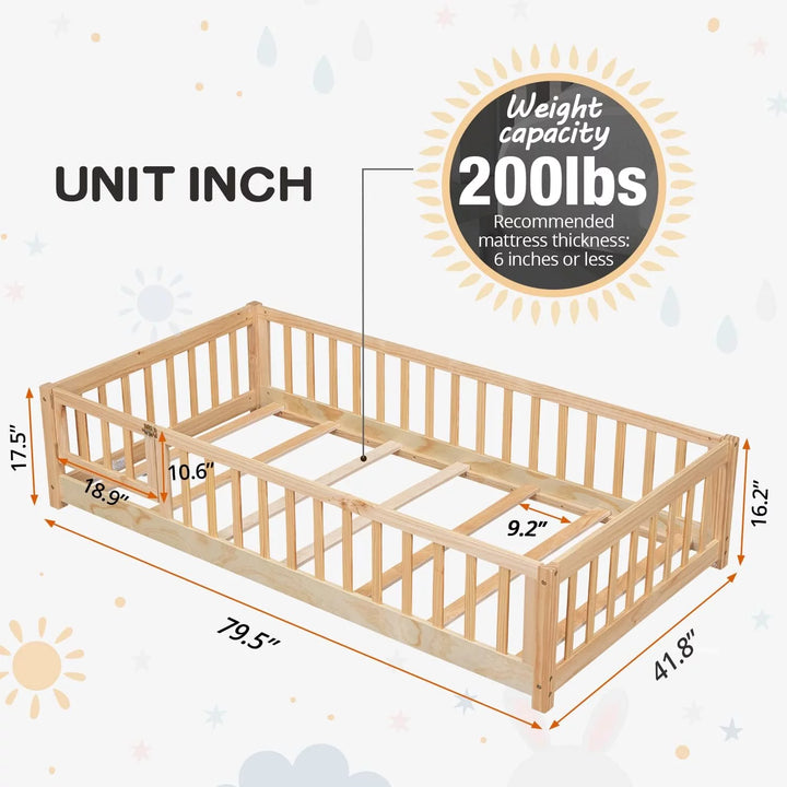 Twin Floor Bed Frame for Toddler, Montessori Floor Bed with Fence and Wood Slats, Low Wood Platform Beds for Girls Boys Kids Happy Time, Natural