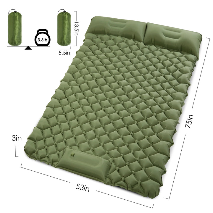 Double Sleeping Pad for Camping: Experience Ultimate Comfort with Ultra-Thick, Self-Inflating Camping Pad Designed for 2 Persons, Featuring a Built-In Foot Pump and Pillow, Ideal for Backpacking