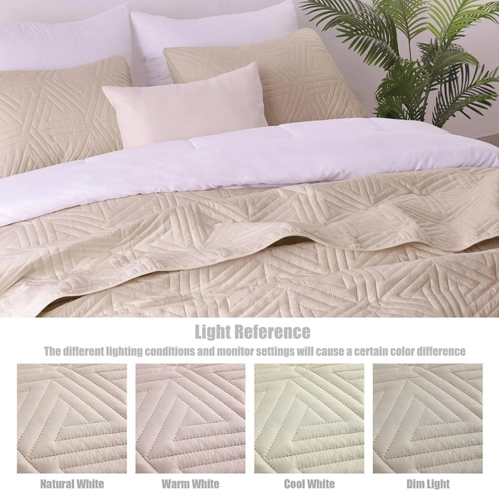 3-Piece Queen Size Quilt Set/Bedspreads/Coverlets for All Season, Classic Geometric Pattern Bedding Set with Pillow Sham, Soft and Lightweight, Brich Beige