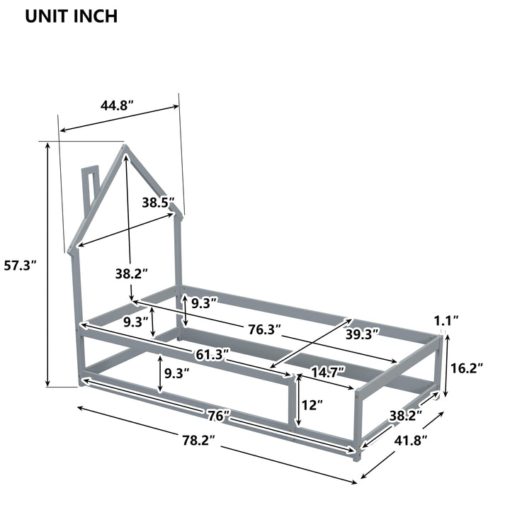 Twin Size Floor Bed with House-Shaped Headboard and Fence Twin Montessori Floor Bed Frame with Fence Twin House Bed Low Floor Bed for Kids, Toddlers, Boys, Girls, Gray