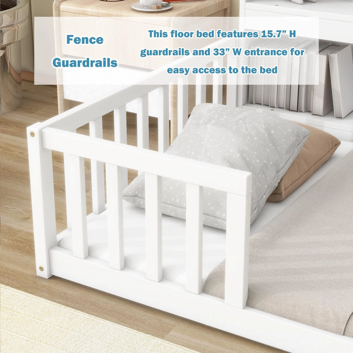 Twin Size Floor Bed Frame with Fence and Bookcase Toddler Floor Bed Low Bed with Entrance and Storage Shelves Montessori Bed Frame for Kids, Boys, Girls, No Box Spring Needed (Twin, White)