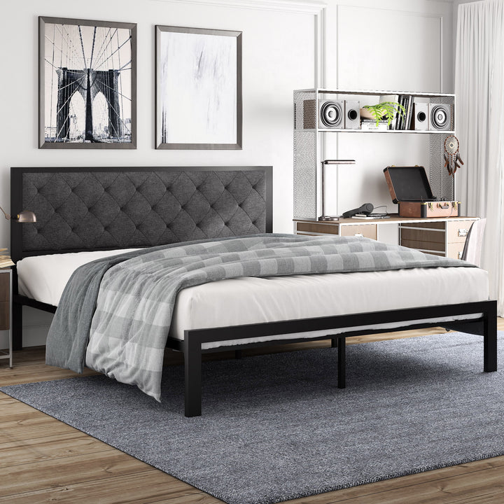 King Size Metal Bed Frame with Upholstered Headboard, Dark Grey