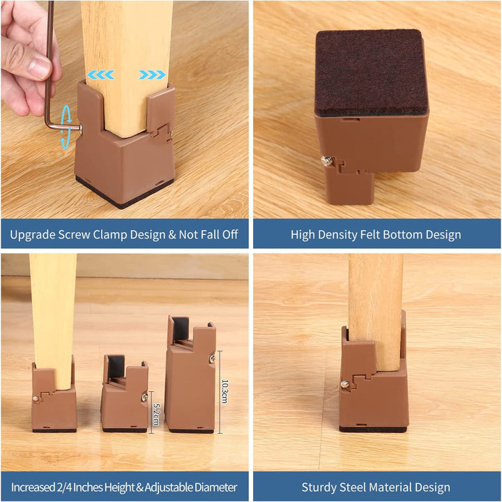 Adjustable Bed Risers Screw Clamp, Fits Furniture Risers Diameter from 0.87" to 1.5" Elevation in Heights 4 Inch Heavy Duty 4Pack