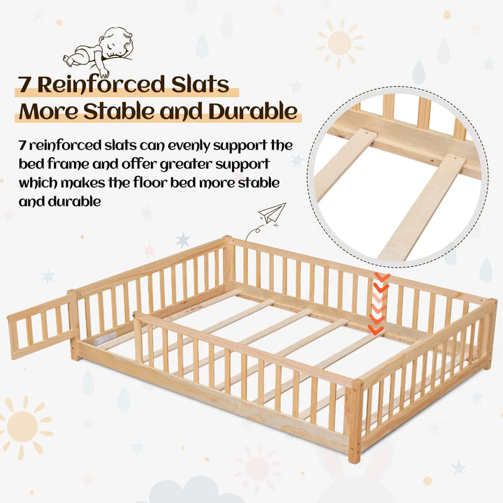 Twin Floor Bed Frame for Toddler, Montessori Floor Bed with Fence and Wood Slats, Low Wood Platform Beds for Girls Boys Kids Happy Time, Natural