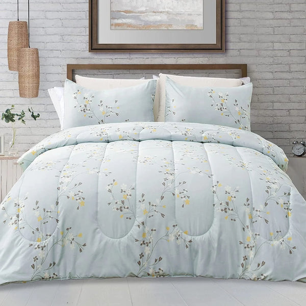 3-Piece Floral King Size Comforter Set, Microfiber Bedding down Alternative Comforter for All Seasons with 2 Pillow Shams, Baby Blue