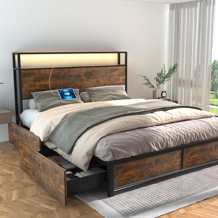 LED Bed Frame Queen Size with 2 USB Ports and Outlets, Platform Metal Bed Frame with 4 Storage Drawers and Headboard, No Box Spring Needed, Noise-Free(Rustic Brown-Queen)