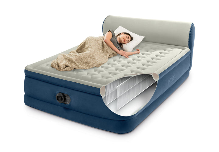 Queen Headboard Dura-Beam Deluxe Raised Air Bed Mattress with Built-In Pump - 18" Mattress Height