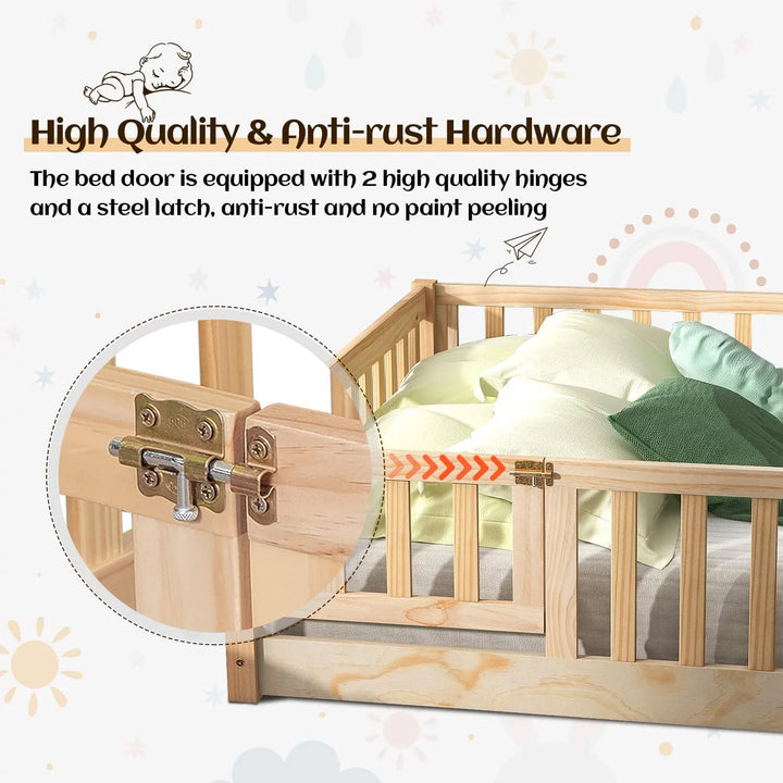 Twin Floor Bed Frame for Toddler, Montessori Floor Bed with Fence and Wood Slats, Low Wood Platform Beds for Girls Boys Kids Happy Time, Natural