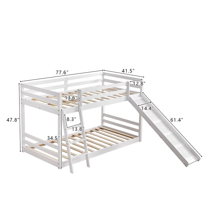 Ktaxon Solid Wood Low Twin over Twin Bunk Bed Wih Slide for Kids/Toddlers/Junior, Bunk Bed Frame with Guardrails & Ladder for Boys Girls, No Box Spring Needed, White