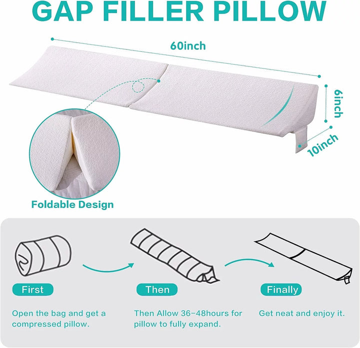 Queen Size 60"X10"X6" Bed Wedge Pillow Mattress Wedge Gap Filler Fill the Gap (0-7") between Mattress and Headboard for Sleeping Backrest Pillow - White