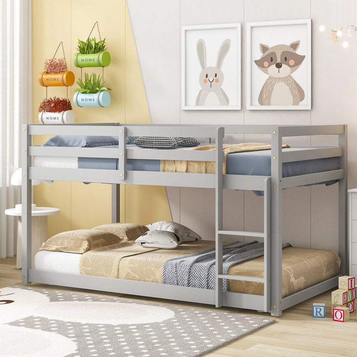 Floor Wood Bunk Beds with Ladder and Full Guardrail for Boys Girls Toddlers, Espresso Twin over Twin Kids Bunk Bed for Home Children’S Room, Easy to Assemble, TE3045