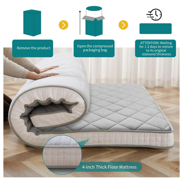 Japanese Floor Mattress Futon Mattress, Thicken Roll up Sleeping Mattress Tatami Mat Floor Bed, Foldable & Portable Camping Mattress with Storage Bag, Full Queen