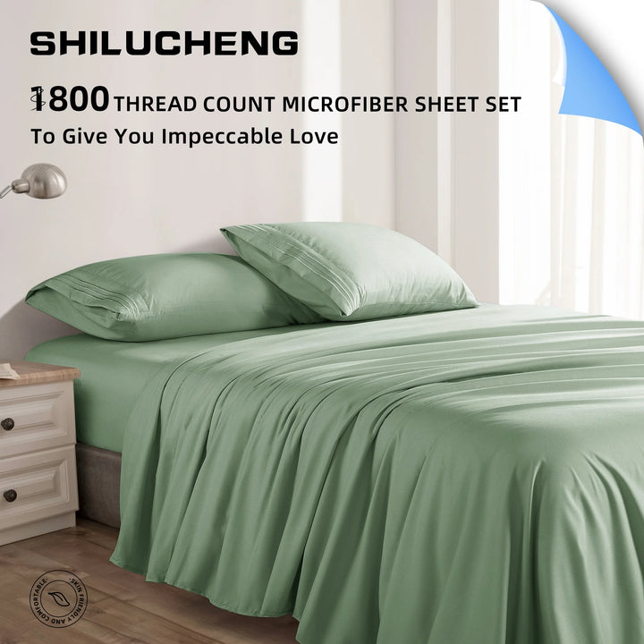 Cooling 4 Piece Luxury Bed Sheets Set, 1800 Series Microfiber Bed Sheets, 16" Deep Pocket, Queen, Green