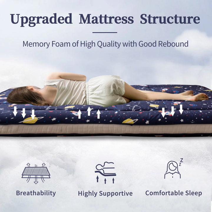 Extra Thick Futon Floor Mattress, Memory Foam Padded Japanese Floor Mattress, Navy Space, Twin