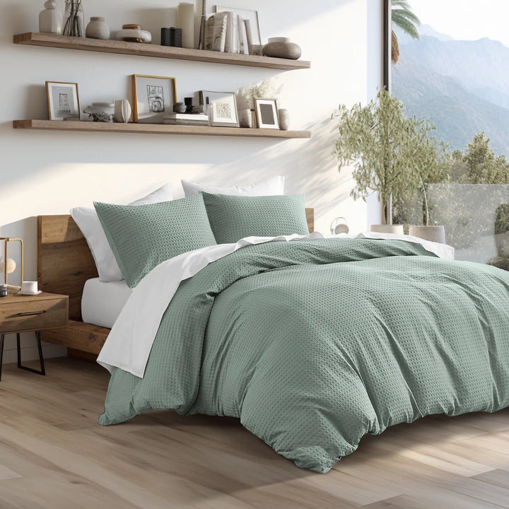 Textured Waffle like Full/Queen Comforter Sets 3 Piece Bedding with Pillow Shams Sage Green