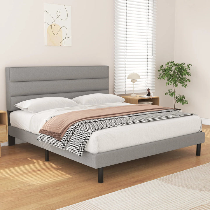 Full Bed Frame,  Full Size Platform Bed with Wingback Fabric Upholstered Headboard, Light Gray