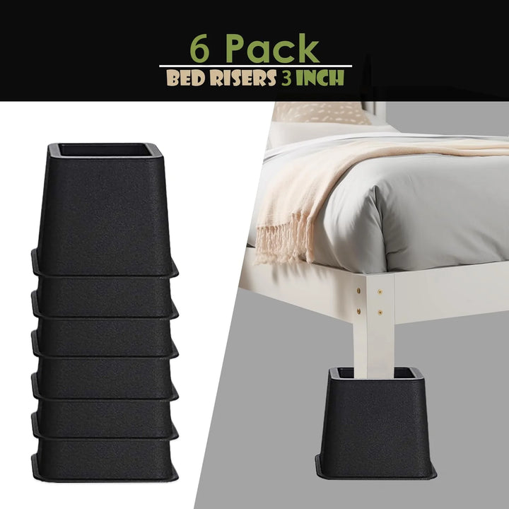 Bed Furniture Risers, Heavy Duty Table Legs Extenders in Heights of 3 Inch, Stackable Bed Elevators for Sofa and Desk (Set of 6 Riser, Black)