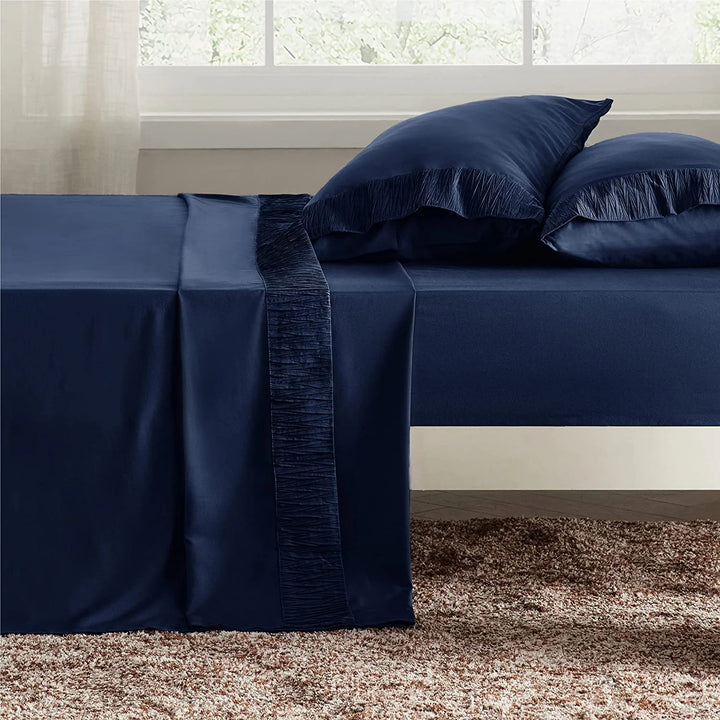 King Sheets - Soft Sheets for King Bed, 4 Pieces Hotel Luxury Navy Sheets , Easy Care Polyester Microfiber Material Cooling Bed Sheet Set