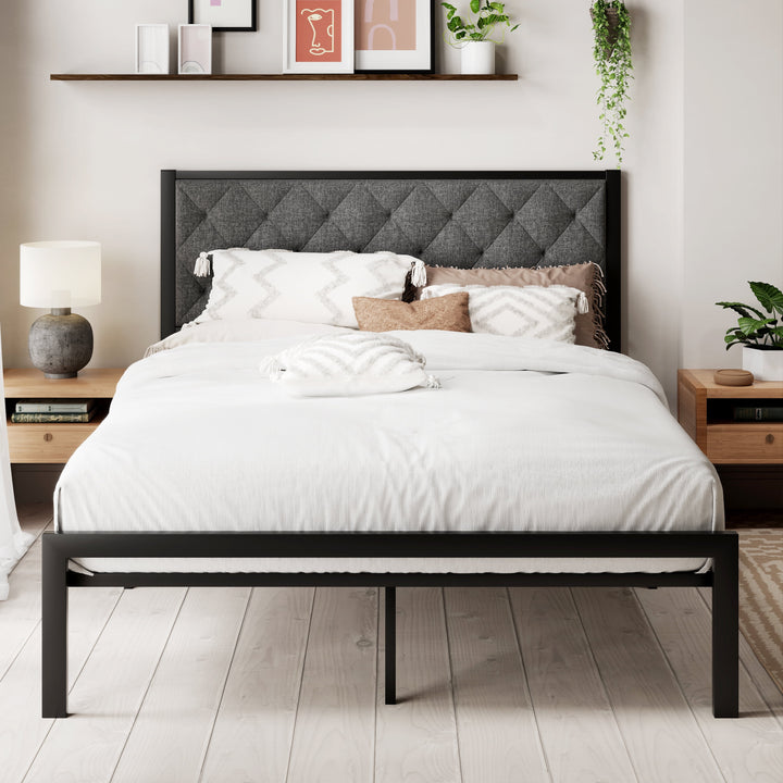 Queen Size Metal Platform Bed Frame with Tufted Headboard & Underbed Storage, Dark Gray