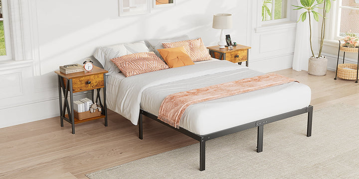 Queen Platform Bed Frame with Ample Storage Space, Sturdy Steel Slat Support, Heavy-Duty Construction, 14-Inch Height, No Box Spring Required