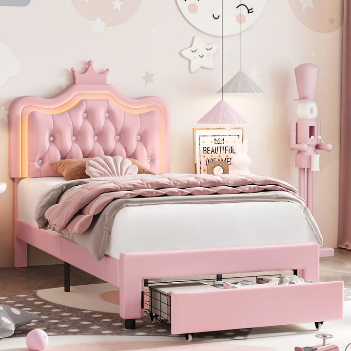 Twin Size LED Bed Frame with Storage Drawer, PU Leather Crown Platform Bed with Crystal Tufted Upholstered Adjustable Headboard, Pink