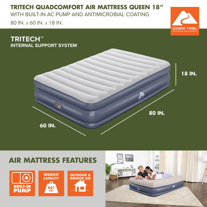 Tritech Quadcomfort 18In Air Mattress Antimicrobial Coating with Built-In AC Pump, Queen