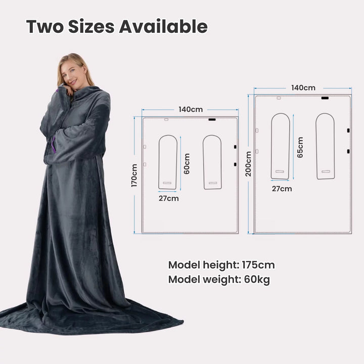 Blanket with Sleeves, Gift for Women Men Adult, Soft and Cozy Wearable Blanket with Elastic Cuffs, Hook and Loop Fastener (Grey 55''X79'')