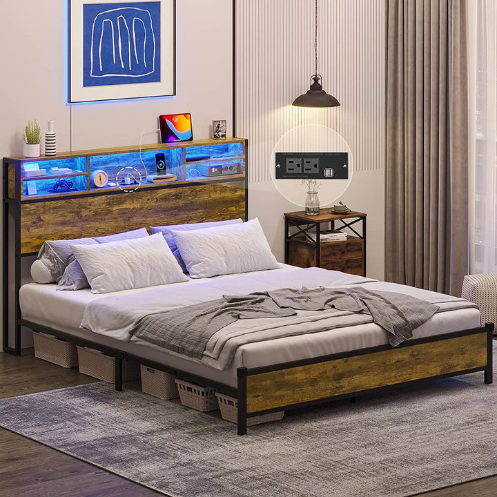 Full Size Bed Frame with LED Light Headboard and USB Ports Outlets, Metal Platform Bed with Headboard Stoarge, No Box Spring Needed, Noise Free, Rustic Brown