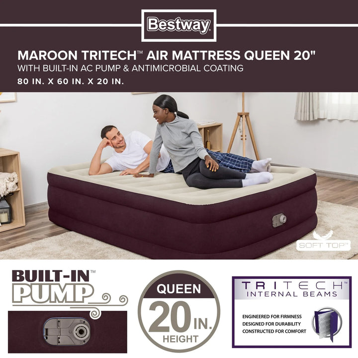 Maroon 20" Queen Air Mattress with Built-In Pump