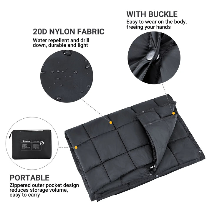 Lightweight Camping Blanket down Alternative Packable Warm Compact Wearable Blanket 69" X 53" Black